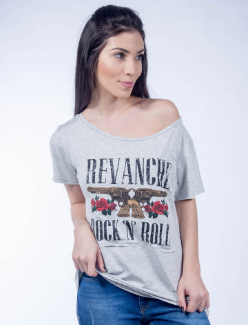 Camiseta Atacado Estampada Feminino Revanche Rock&Roll Mescla Frente