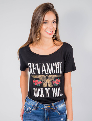 Camiseta Atacado Estampada Feminino Revanche Rock&Roll Preto Padrão Frente