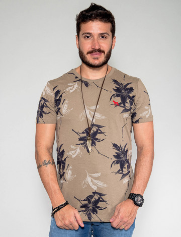 Camiseta Atacado Floral Masculina Revanche Egito Bege Frente