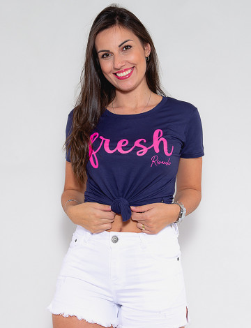 Camiseta Atacado Fresch Feminina Revanche Flori Azul Marinho Frente