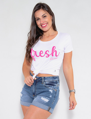 Camiseta Atacado Fresch Feminina Revanche Flori Branco Frente