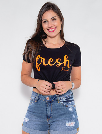 Camiseta Atacado Fresch Feminina Revanche Flori Preto Frente