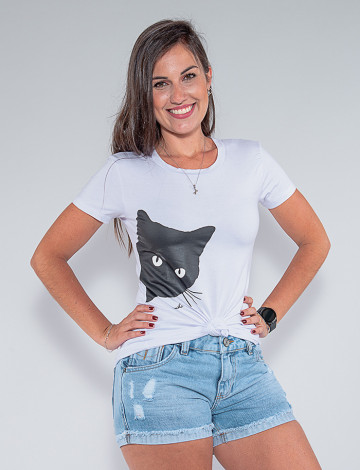 Camiseta Atacado Gato Feminina Revanche Esmée Branco Frente