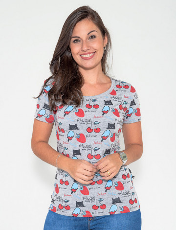 Camiseta Atacado Manga Curta Feminino Revanche Strawbercat Mescla Frente