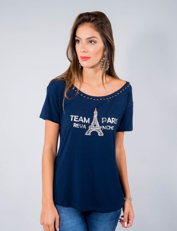 Camiseta Atacado Manga Curta Feminino Revanche Team Paris Azul Marinho Frente