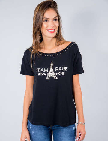 Camiseta Atacado Manga Curta Feminino Revanche Team Paris Preta Frente