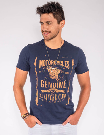 Camiseta Atacado Silk Masculina Revanche Motorcycles Azul Marinho Frente