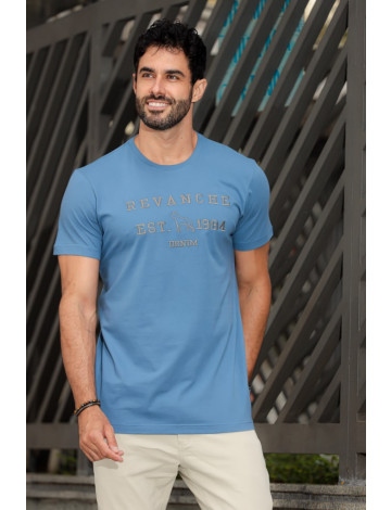 Camiseta Básica Bordada Atacado Masculino Revanche Tenes Azul Médio