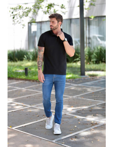 Camiseta Polo Bordado Com Elastano Atacado Masculino Revanche Durazno Preto