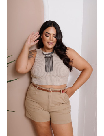 Shorts Jeans Cintura Alta e Bolso Faca Plus Size Atacado Feminina Revanche Troyan Caqui