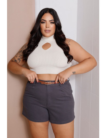 Shorts Jeans Cintura Alta e Bolso Faca Plus Size Atacado Feminina Revanche Troyan Cinza
