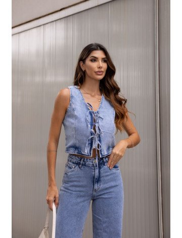 Colete Jeans Frente Amarração Atacado Feminino Revanche Frailes Azul
