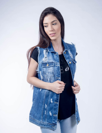 Colete Jeans Atacado Maxi Feminino Revanche Erevã Frente