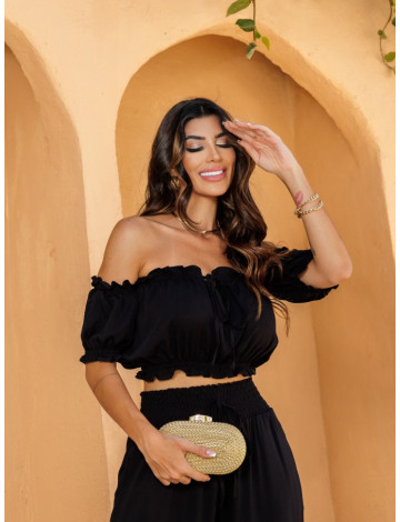 Conjunto Com Blusa Ciganinha e Calça Pantalona Atacado Feminino Revanche Sales Preto
