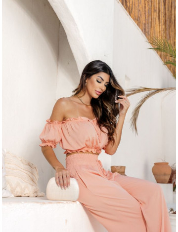 Conjunto Com Blusa Ciganinha e Calça Pantalona Atacado Feminino Revanche Sales Salmão