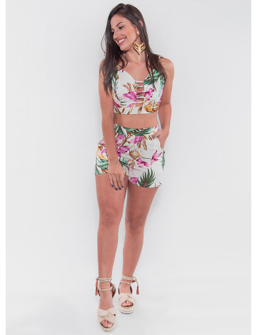 Conjunto Cropped e Shorts Atacado Flores Rosa Feminino Revanche São Domingos 2 Off-White Frente