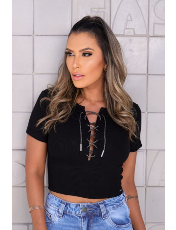 Cropped Canelado Com Cardaço De Strass Atacado Feminina Revanche Cubelles Preto