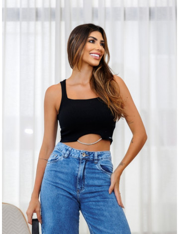 Cropped Com Decote Quadrado e Detalhe De Strass Atacado Feminina Revanche Cabrils Preto