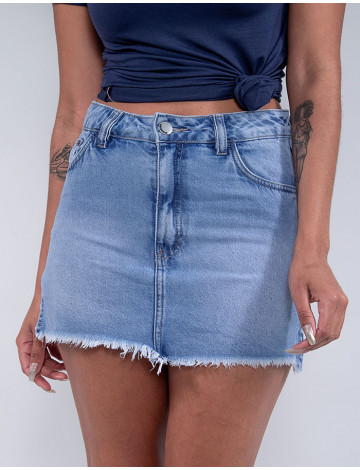Saia Shorts Jeans Atacado Feminino Revanche Marta Azul Detalhe