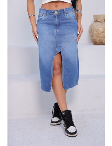 Saia jeans midi com fenda frontal atacado feminina Revanche Detva