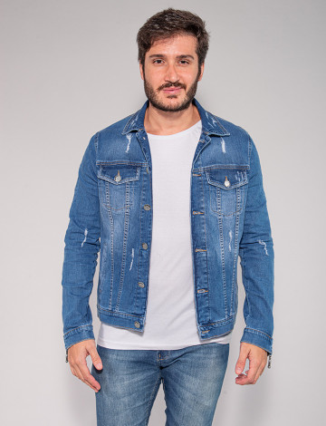 Jaqueta Jeans Atacado Zíper na Manga Masculina Revanche Algy Azul Frente