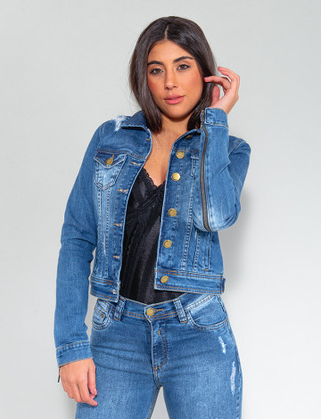 Jaqueta Jeans Atacado Com Zíper Feminina Revanche Bogie Azul Frente