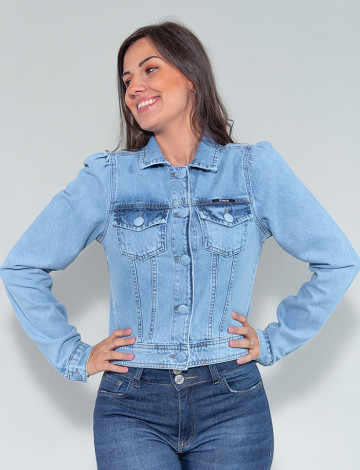 Jaqueta Jeans Atacado Manga Bufante Feminina Revanche Chantry Azul Frente