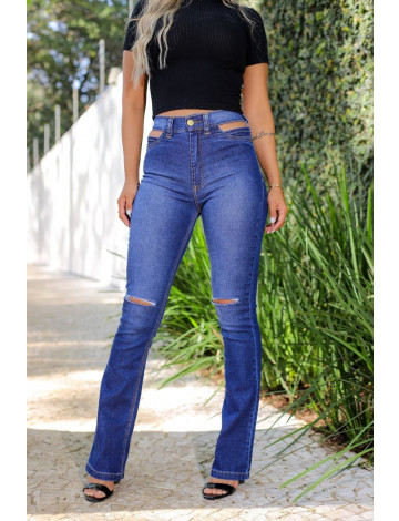 Calça Jeans Atacado Flare Cut Out Pocket Feminina Revanche Tâmara Azul Frente