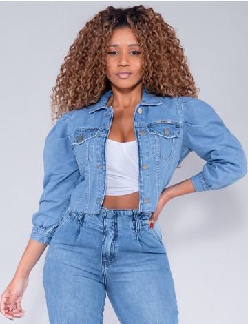 Jaqueta Jeans Atacado Cropped Feminina Revanche Katiuscia Azul Frente