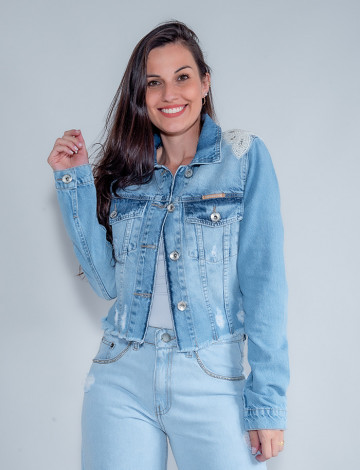 Jaqueta Jeans Com Aplique Atacado Feminina Revanche Violet Azul 