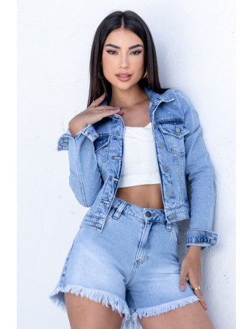 Jaqueta jeans com aplique de stass atacado feminina Revanche Sulina Azul