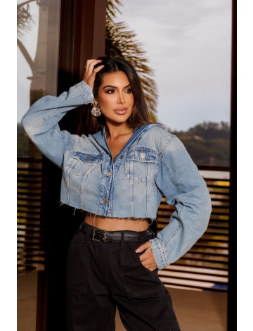 Jaqueta Jeans Cropped Com Capuz Atacado Feminina Revanche Cromínia Azul