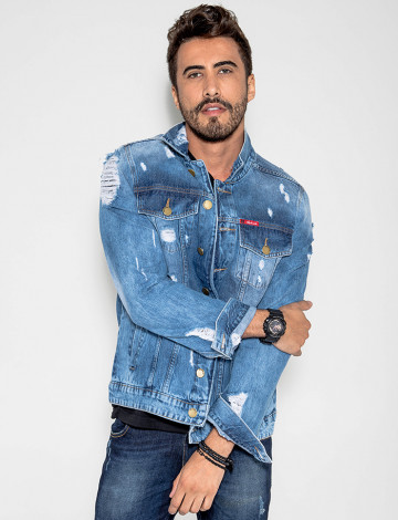 Jaqueta Jeans Destroyed Masculino Revanche Monaco Azul Frente