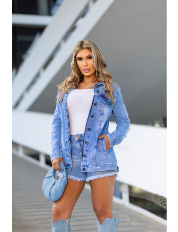 Jaqueta Jeans Maxi Destroyed Atacado Feminina Revanche Pegeia Azul