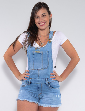 Jardineira Jeans Atacado Feminina Revanche Jenina Azul Frente Detalhe