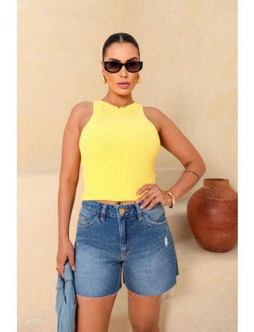 Regata Cropped Tricot Decote Redondo Atacado Feminina Revanche Biruaca Amarelo Claro