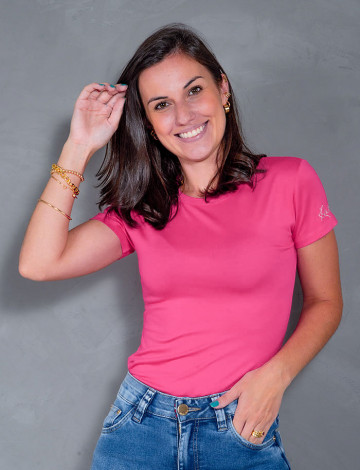 Blusa Baby Look Basica Manga Curta Atacado Feminina Revanche Sylfaenol Rosa Médio