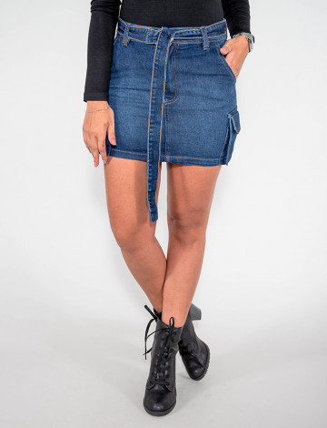 Saia Jeans Atacado c/ Cinto Feminina Revanche Estocolmo Frente