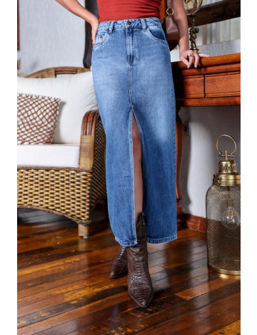 Saia Jeans Longa Com Abertura Frontal Atacado Feminina Revanche Bullas Azul