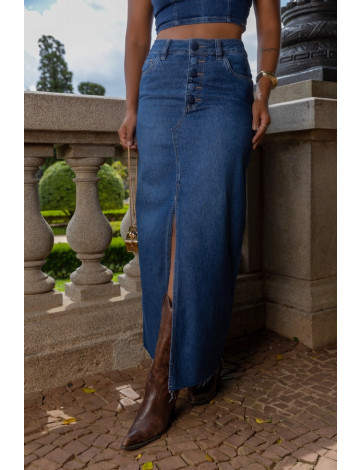 Saia jeans longa com fenda top na frente