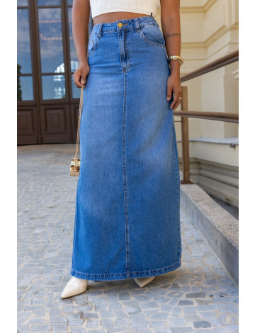 Saia jeans longa hotsell com fenda lateral