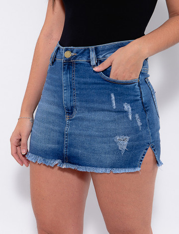 Saia Shorts Atacado Feminina Revanche Hettie Azul Frente Detalhe