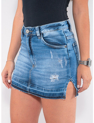 Saia Shorts Jeans Atacado Feminino Revanche Martine Azul Detalhe Frente