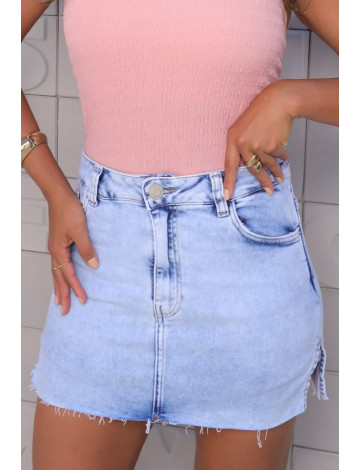 Saia Shorts Jeans Com Barra A Fio Atacado Feminina Revanche Gelida Azul