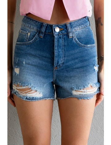 Shorts Jeans Boyfriend Com Barra a Fio Feminino Revanche Gagra Azul