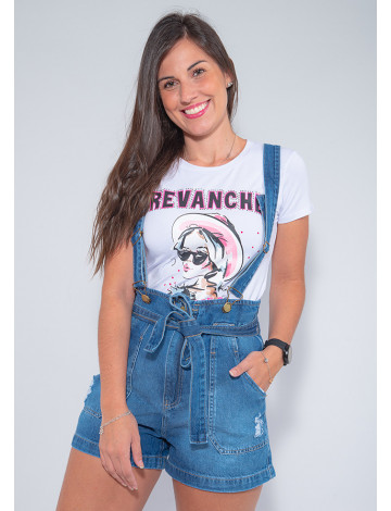 Shorts Jeans Atacado Clochard com Alça Feminino Revanche Nicolette Azul Frente