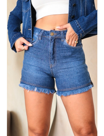 Shorts Jeans Cintura Alta e Zíper Lateral Atacado Feminina Revanche Alozaina Azul