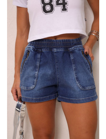 Shorts Jeans Com Elastico No Cós e Zíper Nos Bolsos Atacado Feminino Revanche Agartalá Azul