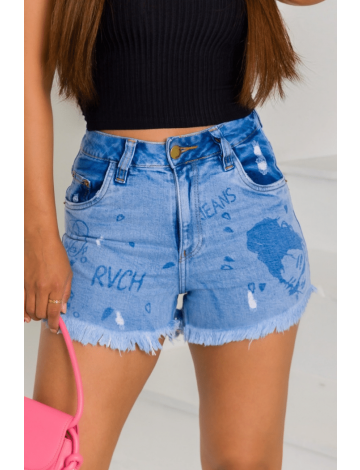 Shorts Jeans Estampa Laser Atacado Feminino Revanche Ruby Azul Detalhe Costas