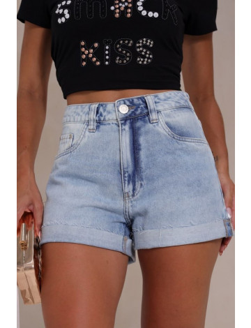 Shorts Jeans Mom Com Barra Virada A Fio Atacado Feminino Revanche Barpeta Azul